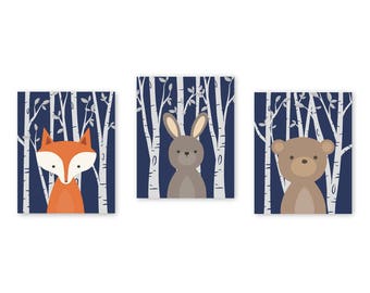 WOODLAND Nursery Wall Art Baby Animal Pictures Birch Wood Forest Animals Big Boy Bedroom Navy Fox Bunny Rabbit Bear 032