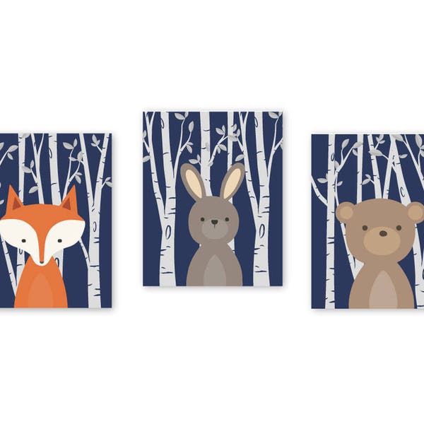WOODLAND kinderkamer kunst aan de muur baby dierenfoto's berkenhout bosdieren grote jongen slaapkamer marine vos konijn beer 032