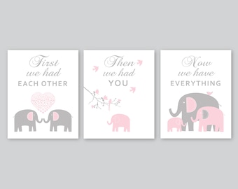 Elephant PRINTS or CANVAS, Elephant Family, Baby girl Pink Gray nursery decor, Kids Wall Art, First we had each other, Set of 3 pictures