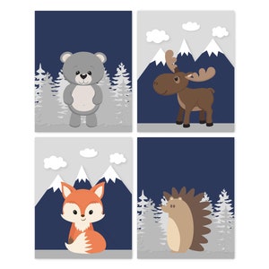 Woodland Baby Nursery Decor, Set of 4 Prints or Canvas Wall Art Mountain Animals, Neutral Baby Room Decor Forest Fox Bear Moose Hedgehog 007