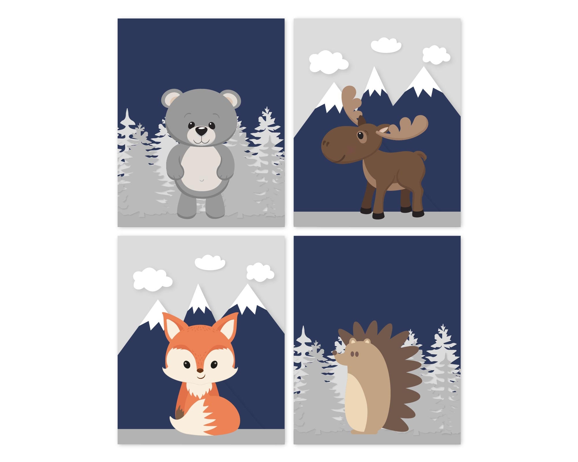 Fox Bear Rabbit Nursery Decor Chevrons Set of 3 Prints Pictures for Nursery
