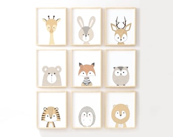 Woodland Animals Prints, Gender Neutral Nursery Decor Illustrations, Animal Print Set or CANVAS Wall Art Gallery, Set of 9 animal pictures