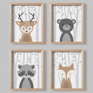 Baby Nursery Decor, Baby Nursery Wall Art, Woodland Nursery Animals, Neutral Baby Room Decor Forest Animal Fox Deer Raccoon Bear 001-16