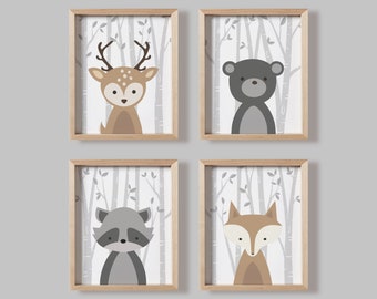 Baby Nursery Decor, Baby Nursery Wall Art, Woodland Nursery Animals, Neutral Baby Room Decor Forest Animal Fox Deer Raccoon Bear 001-16