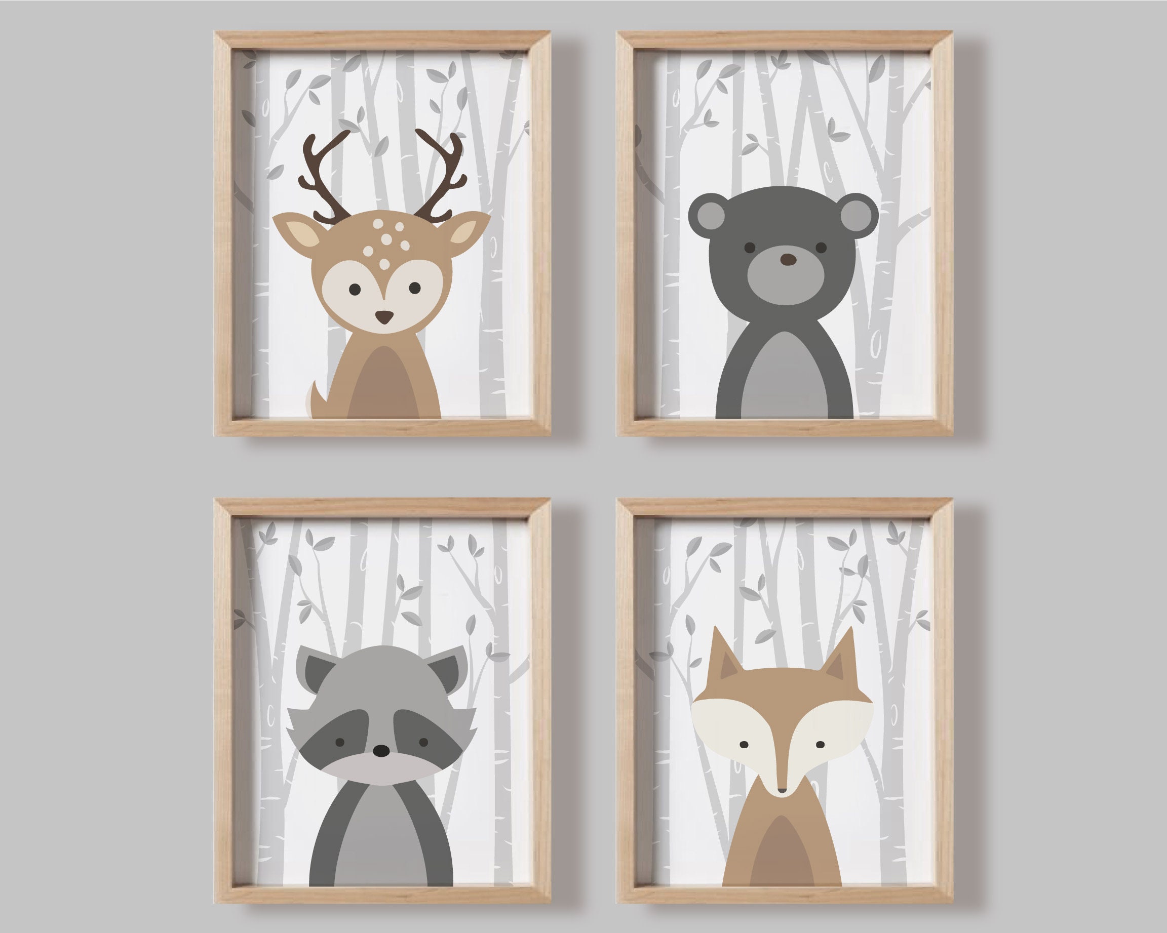 Owl and Bear Kids Room Fox Woodland Animal Inspirational Nursery Decor Set of 4 Prints with Rabbit Playroom 