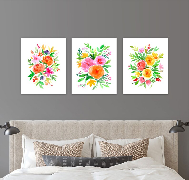 Bright Watercolor Flowers Colorful Wall Decor Floral Etsy