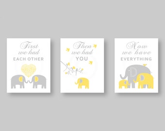 Primero nos tuvimos el uno al otro Decoración de la guardería del elefante amarillo gris / Impresiones de arte de la guardería del niño del bebé / Arte infantil