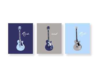 Guitar Wall Art, Set of 3 Prints, Canvas or Printable Navy Blue Baby Decor, Navy Gifts Birthday Decoration Music Lover GABNG - 01 086