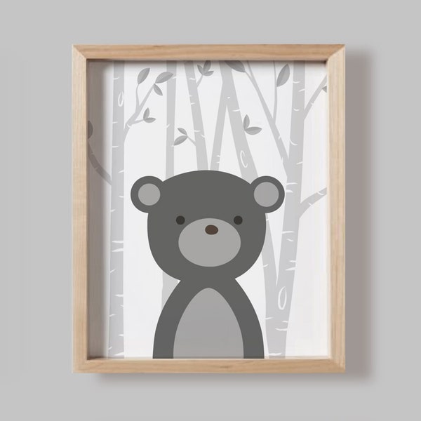 Bear Art Print, Gray Bear Illustration, Woodland Animals Posters, Forest Friends Home Decor Bear Canvas Wall Hanging for Kids by YassisPlace