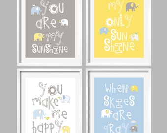 Nursery Quad Blue and Grey Nursery Elephant Nursery Art Set of 4 prints Baby Blue Gray Yellow Nursery Decor Choose your colors 093