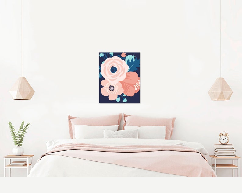 Large Floral Wall Art Coral Navy Pink Aqua Teen Flower Etsy