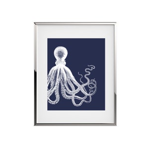 Navy Octopus Print Art Coastal Wall Decor  Nautical wall art Kraken Bathroom Decor Print or CANVAS HOME