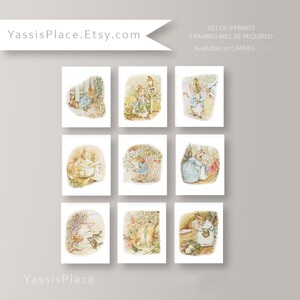 May include: Set of nine prints featuring illustrations of Peter Rabbit from the children's book by Beatrix Potter. The prints are available on canvas and require framing.