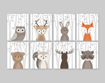 Baby Nursery Art, Woodland Nursery Animals, Baby Room Decor, Forest Animal Prints, Fox Owl Deer Rabbit Bear Moose Set of 8  PRINTS or CANVAS