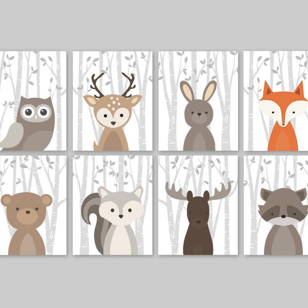 Baby Nursery Art, Woodland Nursery Animals, Baby Room Decor, Forest Animal Prints, Fox Owl Deer Rabbit Bear Moose Set of 8  PRINTS or CANVAS