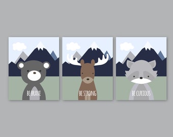 Woodland Mountain animals prints or CANVAS, Animal decor Boy Nursery art Minimalist Bear Moose Raccoon, Mountains Navy Blue Gray Green
