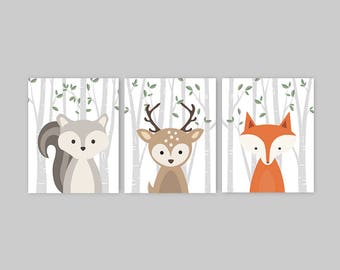 Woodland Nursery Wall Art, Forest Animals, Woodland Nursery Decor, Baby Animal Prints, Birch Fox Squirrel Deer Baby Shower Gift