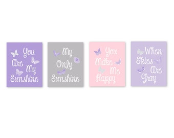 Butterfly Nursery Decor, Purple Pink and Gray Nursery Art Prints You Are My Sunshine Wall art Kids Wall Art baby gift for girl Set of 4  047