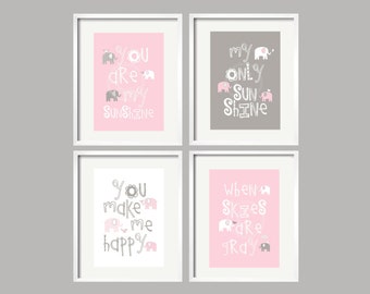 Nursery Decor Girl - Elephant Art - You Are My Sunshine Pink Grey Baby Girl Art Prints Pink Gray Elephant Nursery Gift ideas for Girls Room