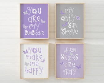 Butterfly Wall Art Kids, Purple Nursery Decor Lavender Nursery Art, You Are My Sunshine Art Prints, Purple Gray Set of 4 PRINTS or CANVAS 16