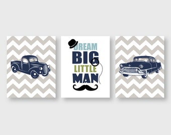 Boy nursery Decor Dream Big Little Man Retro vehicles Wall Art Navy gray chevron art mustache artwork baby shower gift