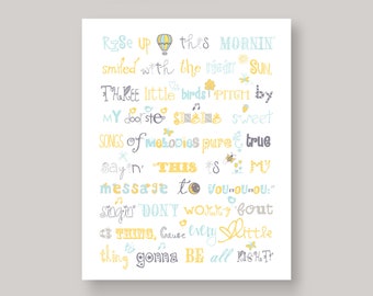Three Little Birds Wall Art, Song Lyrics Quote in Yellow, Aqua, Gray for Boy or Girl Bedroom Decor Choose your Size Print or CANVAS