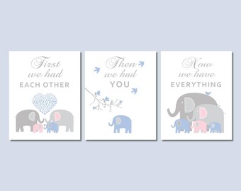 Elephant Nursery Decor Boy Girl Twins Nursery Wall Art in Blue Gray and Pink First We Had Each Other Brother Sister Gifts