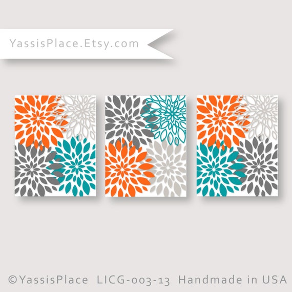 Floral Burst Wall Art Decor Turquoise Orange Gray Flower Wall Art Bedroom Artwork Bathroom Decor Pictures Licg003