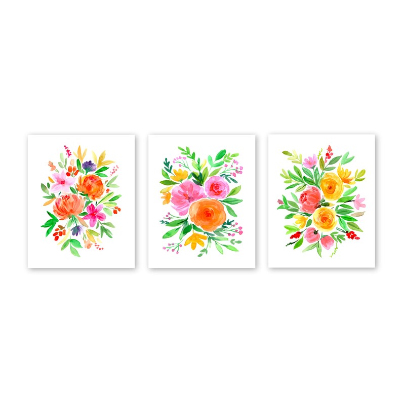 Bright Watercolor Flowers Colorful Wall Decor Floral Etsy