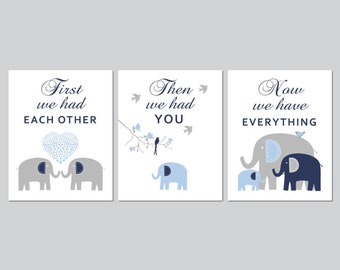 Elephant Nursery Print, Illustration Enfant, Elephant Wall Art, Boy Bedroom Prints, First we had each other Baby Boy Gift Navy Blue Gray 182