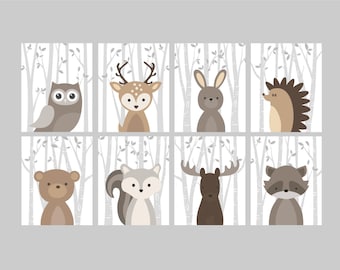 Baby Boy Nursery Art, Woodland Nursery Animals, Baby Room Decor, Forest Animal Prints, Set of 8 Owl Deer Rabbit Bear Squirrel Moose Raccoon