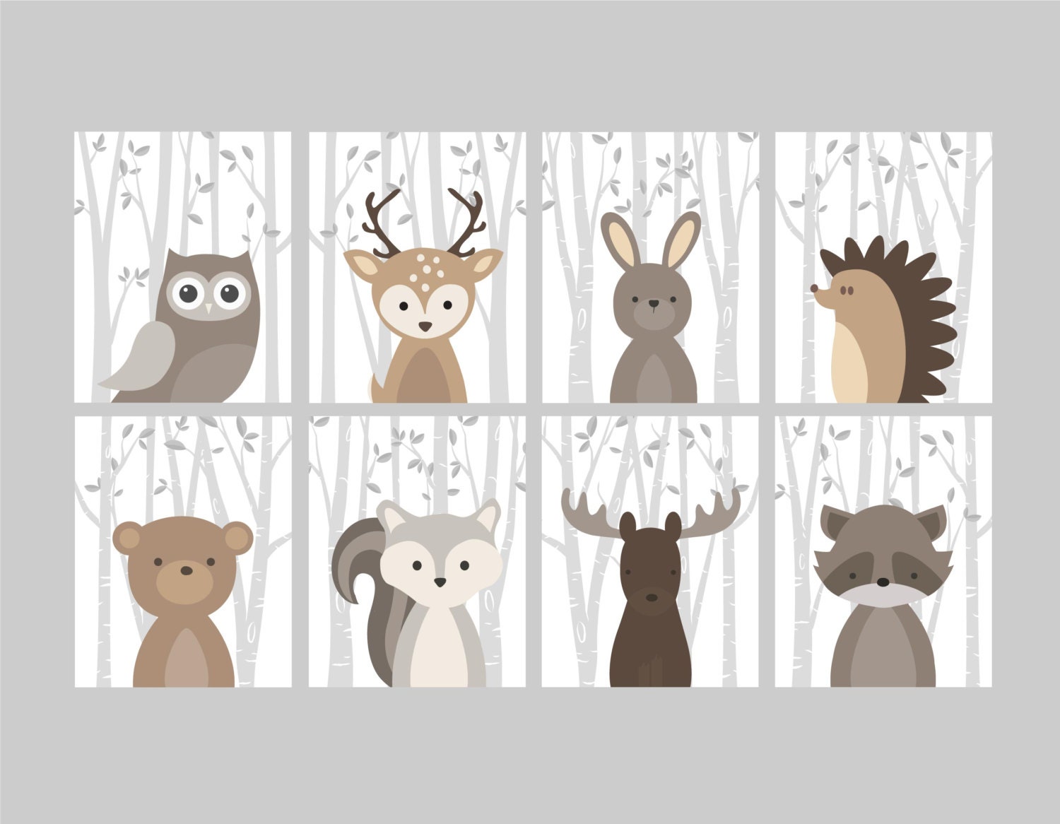 6 Bear Deer Fox Owl Squirrel Raccoon Woodland Animals Forest Nursery Art Prints 