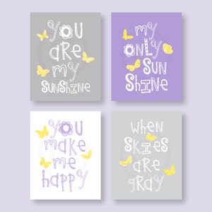 Butterfly Wall Art - Purple Nursery Art, Purple Gray Yellow Nursery Decor Prints for Baby girl, You Are My Sunshine, baby shower gift 007