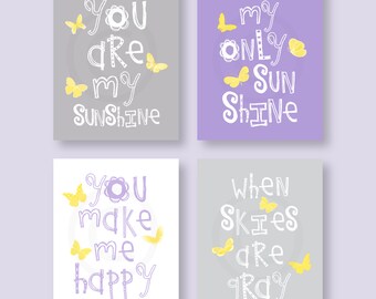 Butterfly Wall Art - Purple Nursery Art, Purple Gray Yellow Nursery Decor Prints for Baby girl, You Are My Sunshine, baby shower gift 007