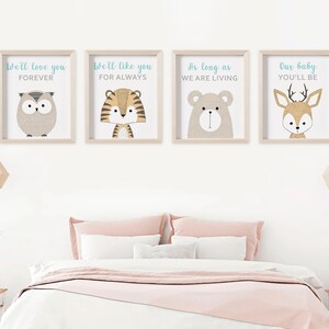 WOODLAND Animals Print Set of 4 or CANVAS, Baby Animal Portrait Pictures with Quotes, Forest Animals Nursery, Gender Neutral Wall Art Decor