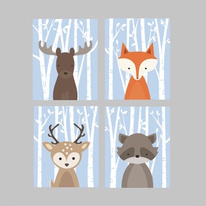 Woodland Animals, Set of 4 11x14 PRINTABLE Files, Blue Woodland Nursery Art for Boy, Woodland Forest Animals, moose fox deer and raccoon