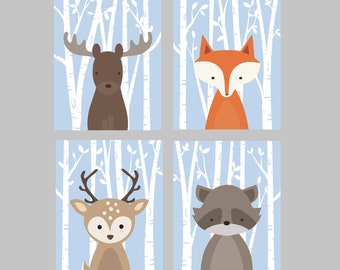 Woodland Animals, Set of 4 11x14 PRINTABLE Files, Blue Woodland Nursery Art for Boy, Woodland Forest Animals, moose fox deer and raccoon