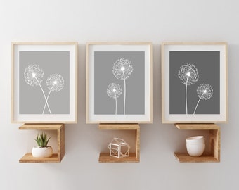DANDELION Wall Art, Gray Bedroom Decor, Dandelion CANVAS or Prints, Bedroom Pictures Flower Wall Art Dandelion Print Home Decor, Set of 3