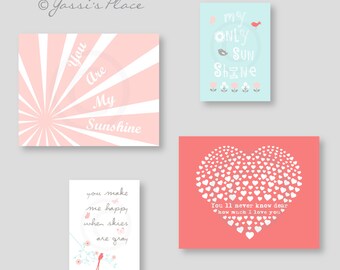 Girl Nursery Decor You Are My Sunshine Wall Art, Coral Pink Aqua with flowers bird heart, cute kids art ESRCAG 002 Set of 4 PRINTS or CANVAS