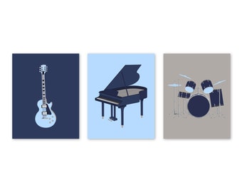 Musical Instruments, 3 Piece Wall Art Canvas, or Prints,  Bass guitar Piano Drums, Boy Nursery Decor, Navy Blue Gray Baby Boy Gift