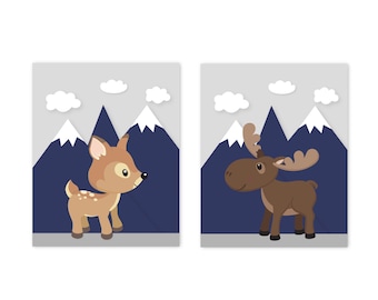 Deer Moose Woodland Theme Mountain Wall Art Prints or Canvas, Woodland Nursery Decor Boy, Navy Gray Baby Animals Nursery art set of 2