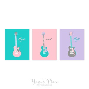 Guitar Wall Art, Baby Girl Guitar nursery decor, Pink Teal Purple Music Lover Decor, Prints, Canvas or Printable art, set of 3, YassisPlace