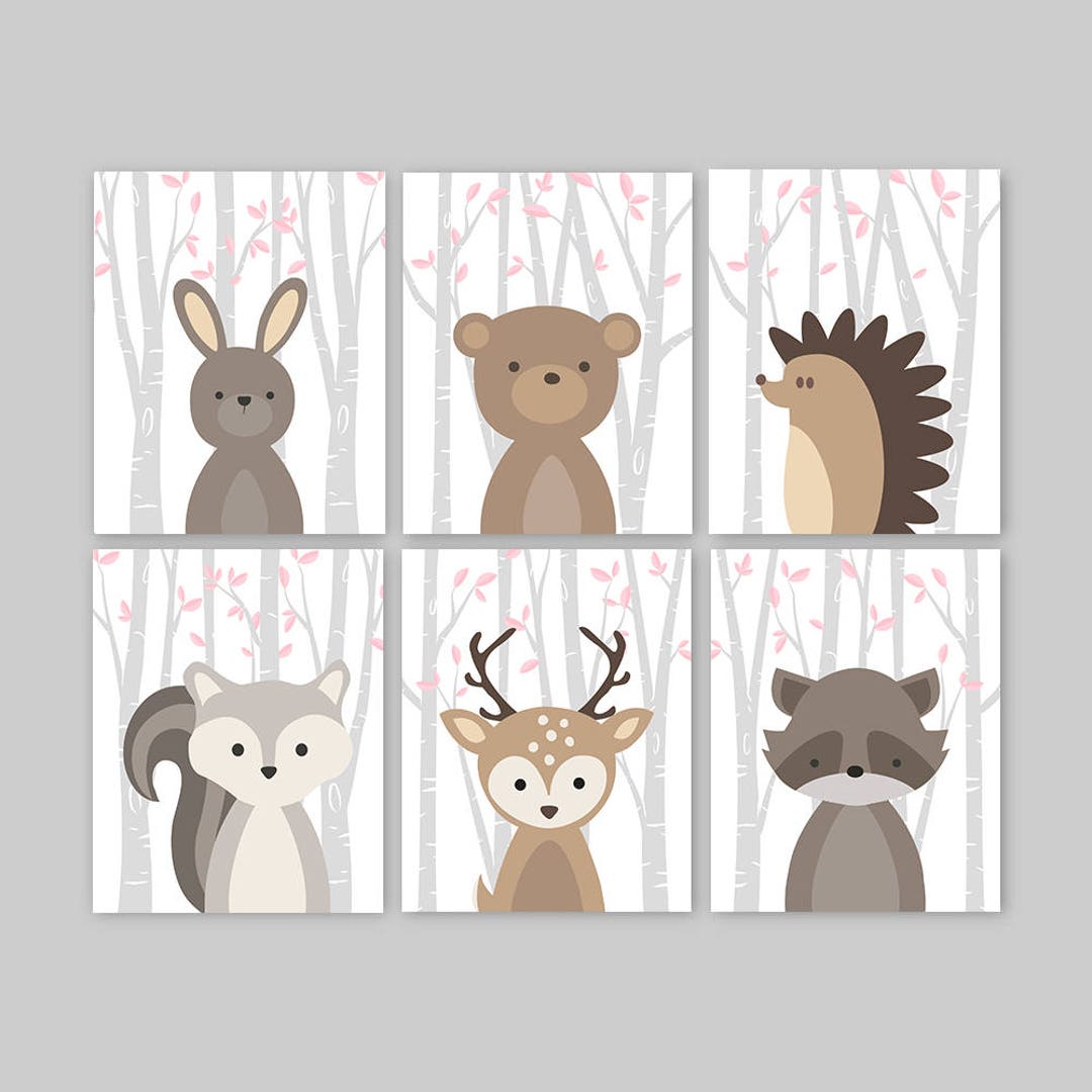 Baby Girl Nursery Decor Pink Woodland Animals Wall Art Pictures Forest ...