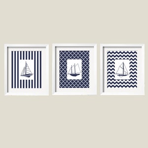 Sailboat Decor, Sailboat Print Set, Modern Nautical Print Set of 3 Prints in Navy and White, Pattern Background Stripes Chevron Moroccan