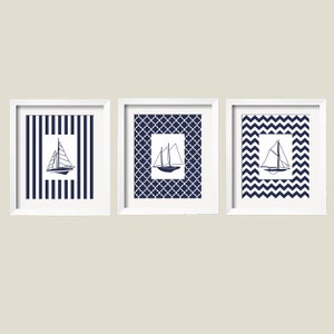 Sailboat Decor, Sailboat Print Set, Modern Nautical Print Set of 3 Prints in Navy and White, Pattern Background Stripes Chevron Moroccan image 1