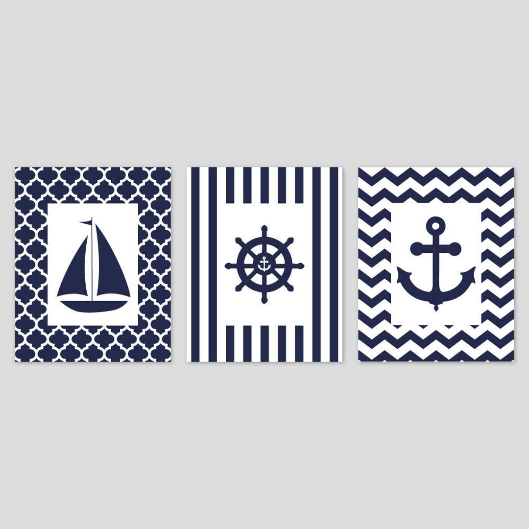 Navy and White Nautical Nursery Wall Art Coastal Decor Sailboat Anchor ...
