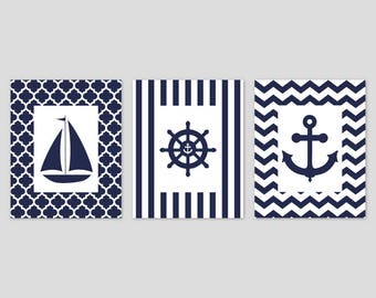 Navy and White Nautical Nursery Wall Art Coastal Decor Sailboat Anchor Ship Wheel beach decor boy wall art girl