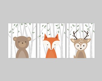 Baby girl woodland nursery Decor, Baby Animal Prints, Woodland Baby Shower Gift, Set of three wall art, Fox Bear Deer,