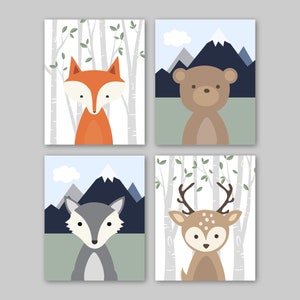Animal Nursery Decor, Baby Nursery Wall Art, Woodland Animals, Neutral Baby Room Decor Forest Animal Fox Deer Wolf Bear 006-03W
