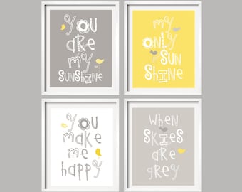 You Are My Sunshine Wall Art, Yellow and Gray Nursery Decor Wall Art  Prints, Baby shower gift Set of 4 Prints 010